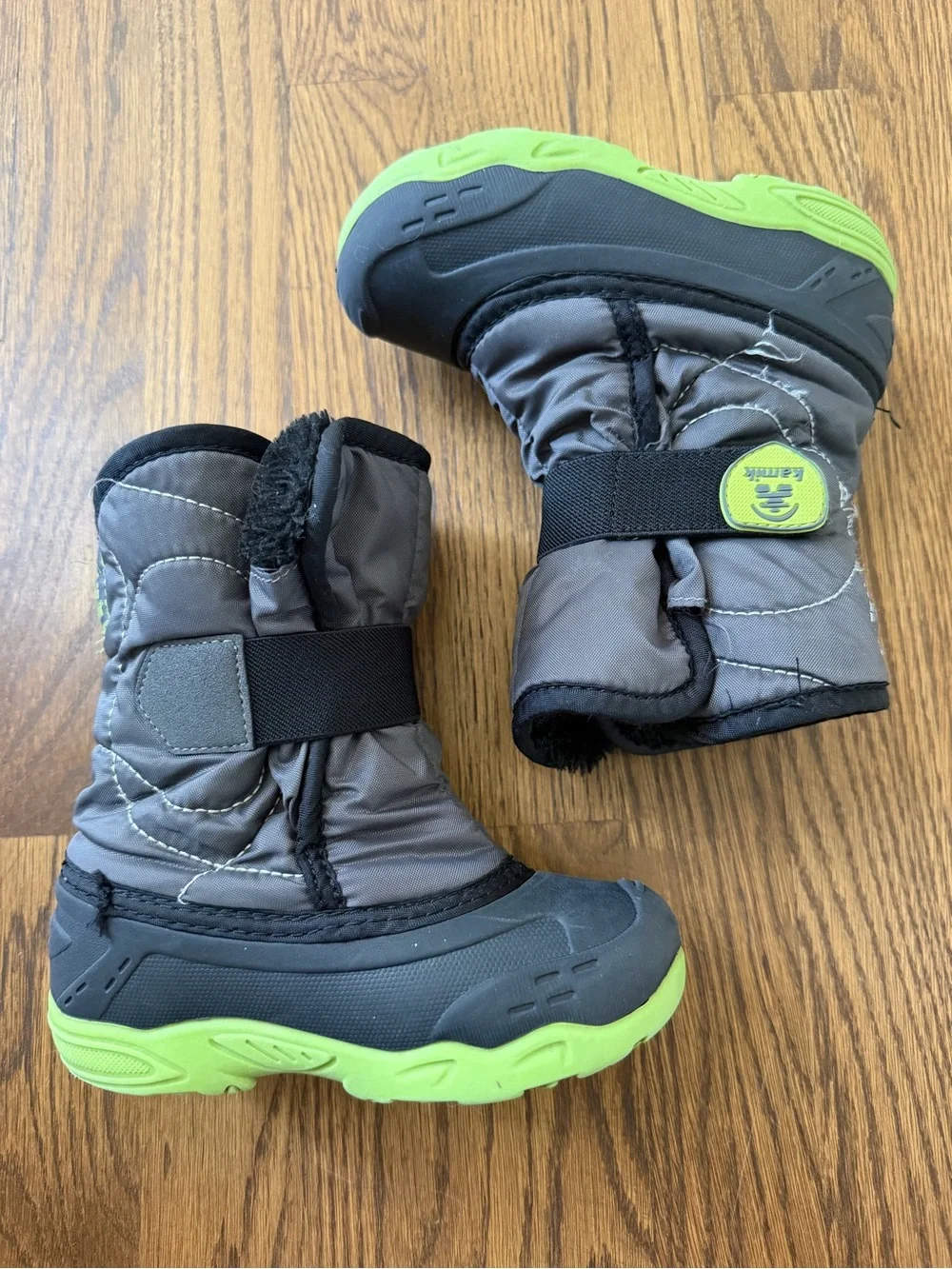 Kamik Snowbug 5 insulated winter boots in grey and lime green, toddler size 10